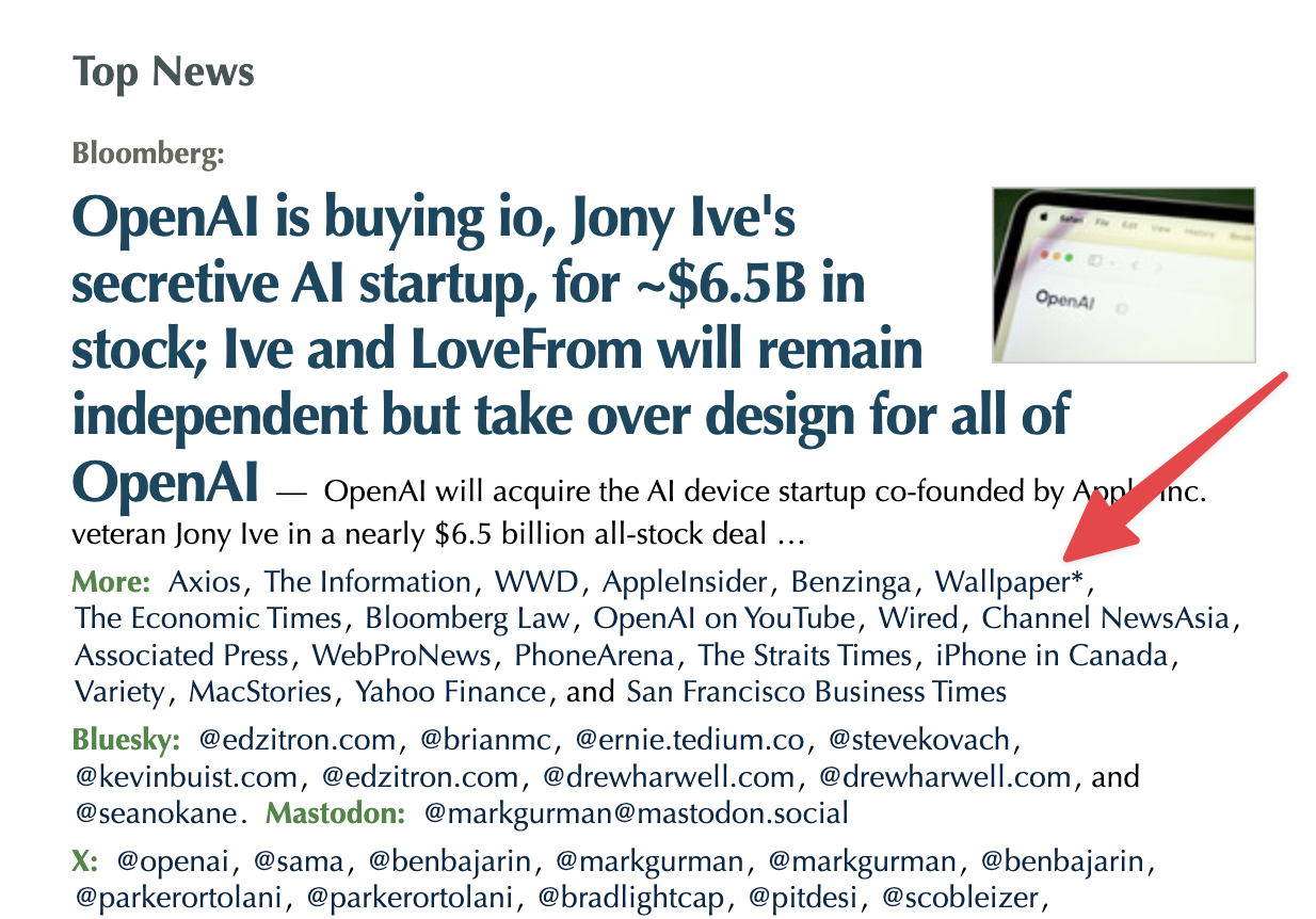 Screenshot of Techmeme's coverage of OpenAI and io with a pointer to Wallpaper